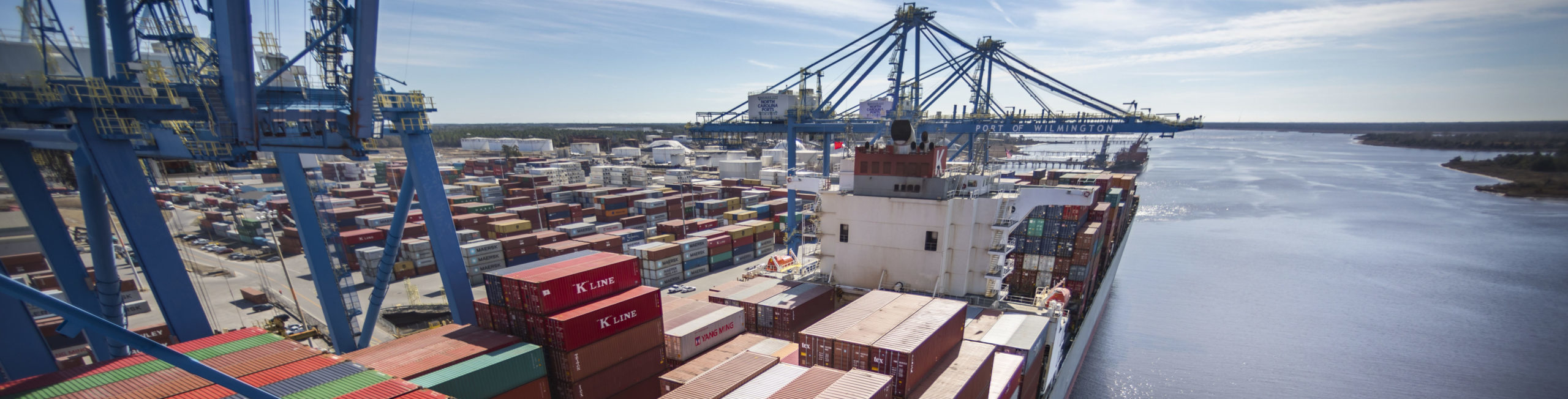 Aerial of freight container vessel in Port of Wilmington